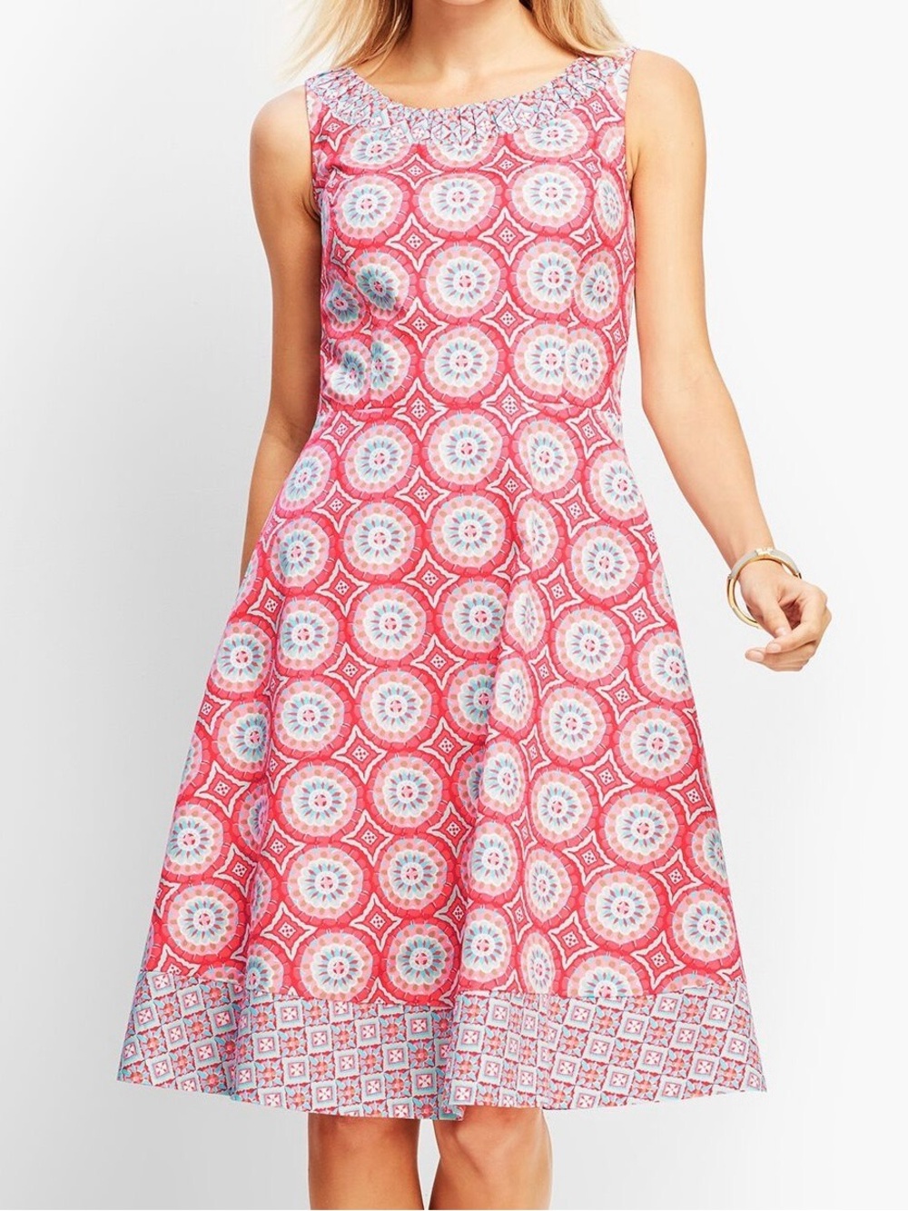 Talbots Mixed Geo Print Fit and Flare Dress in Coral